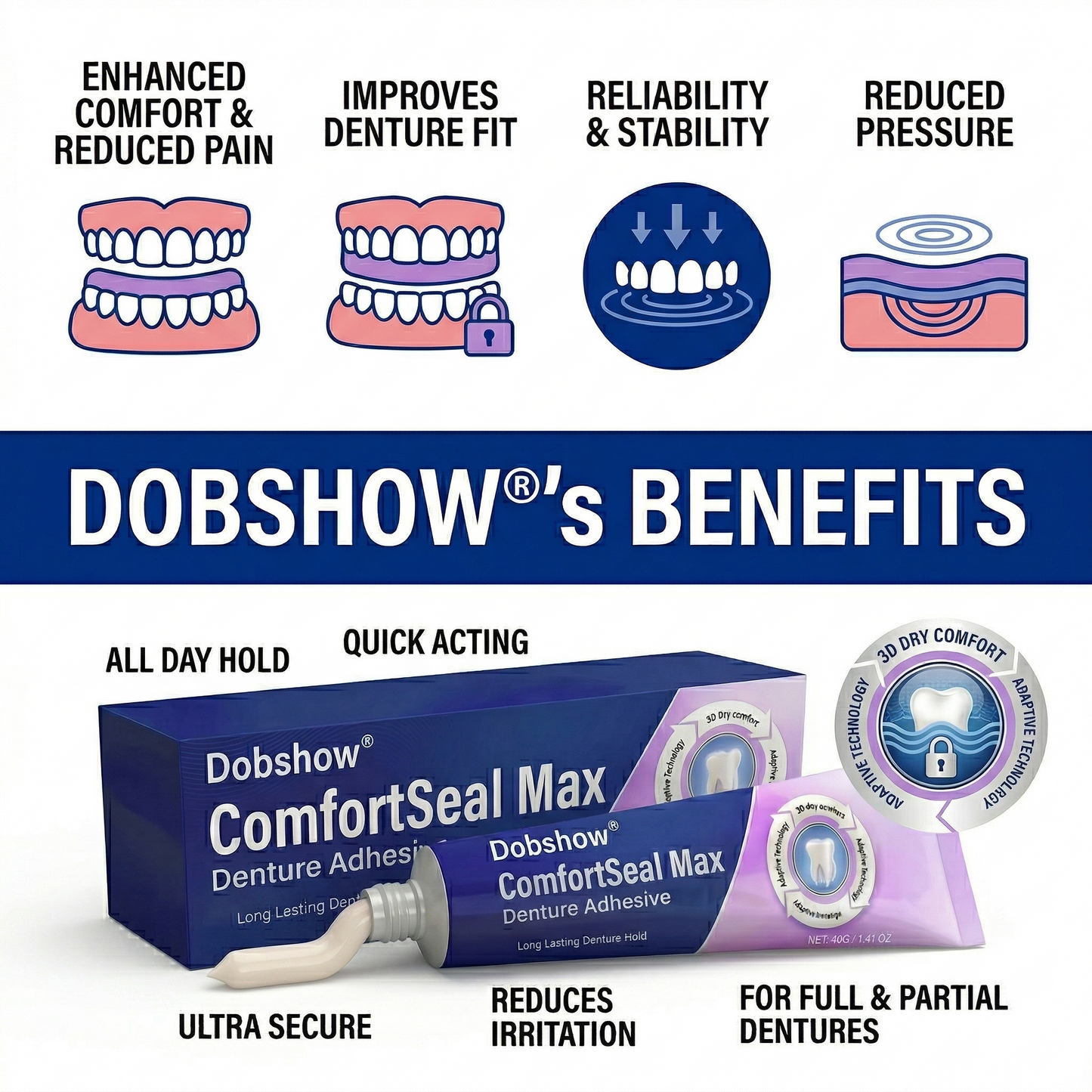🦷Dobshow® ComfortSeal Max Denture Adhesive | 👨‍⚕️96-hour long-lasting, heat adaptive technology