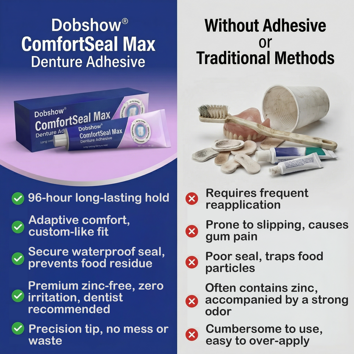🦷Dobshow® ComfortSeal Max Denture Adhesive | 👨‍⚕️96-hour long-lasting, heat adaptive technology